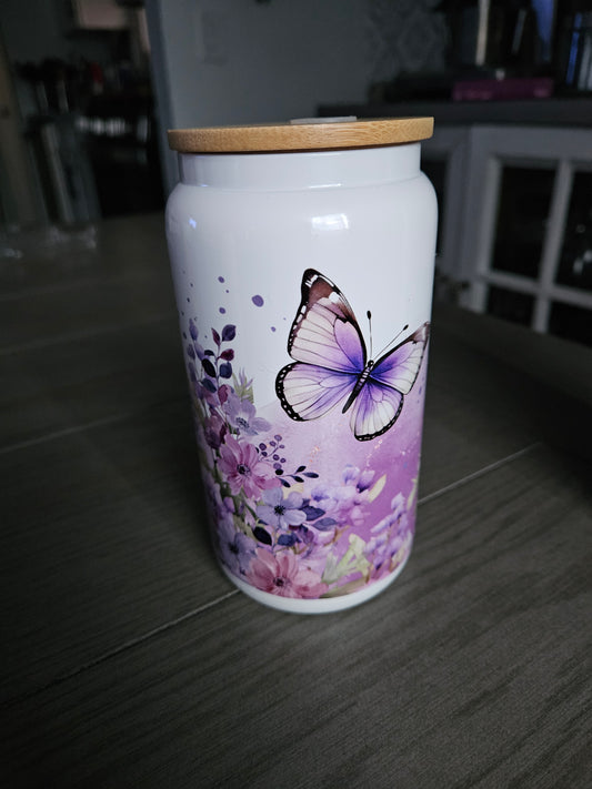 Purple butterflies glass can