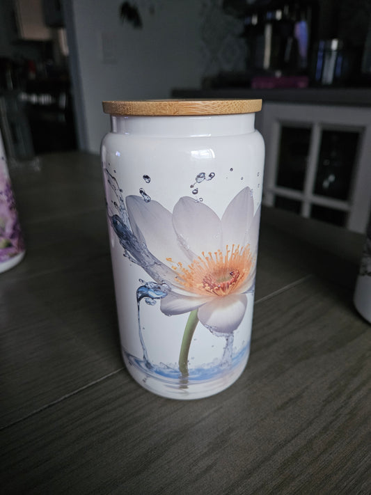 White flower water glass can