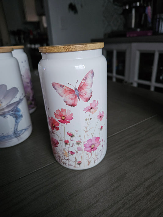 Pink Butterflies glass can cup